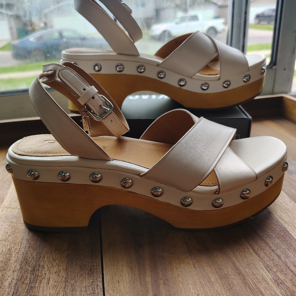 Coach Cream Leather Crisscross Wedge Sandals with Tan Ankle Straps - Picture 4 of 4